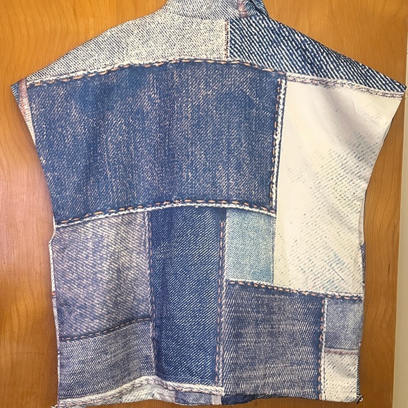 Patchwork Denim-Print Zip Front Vest - Blue/White - Picture 2 of 7
